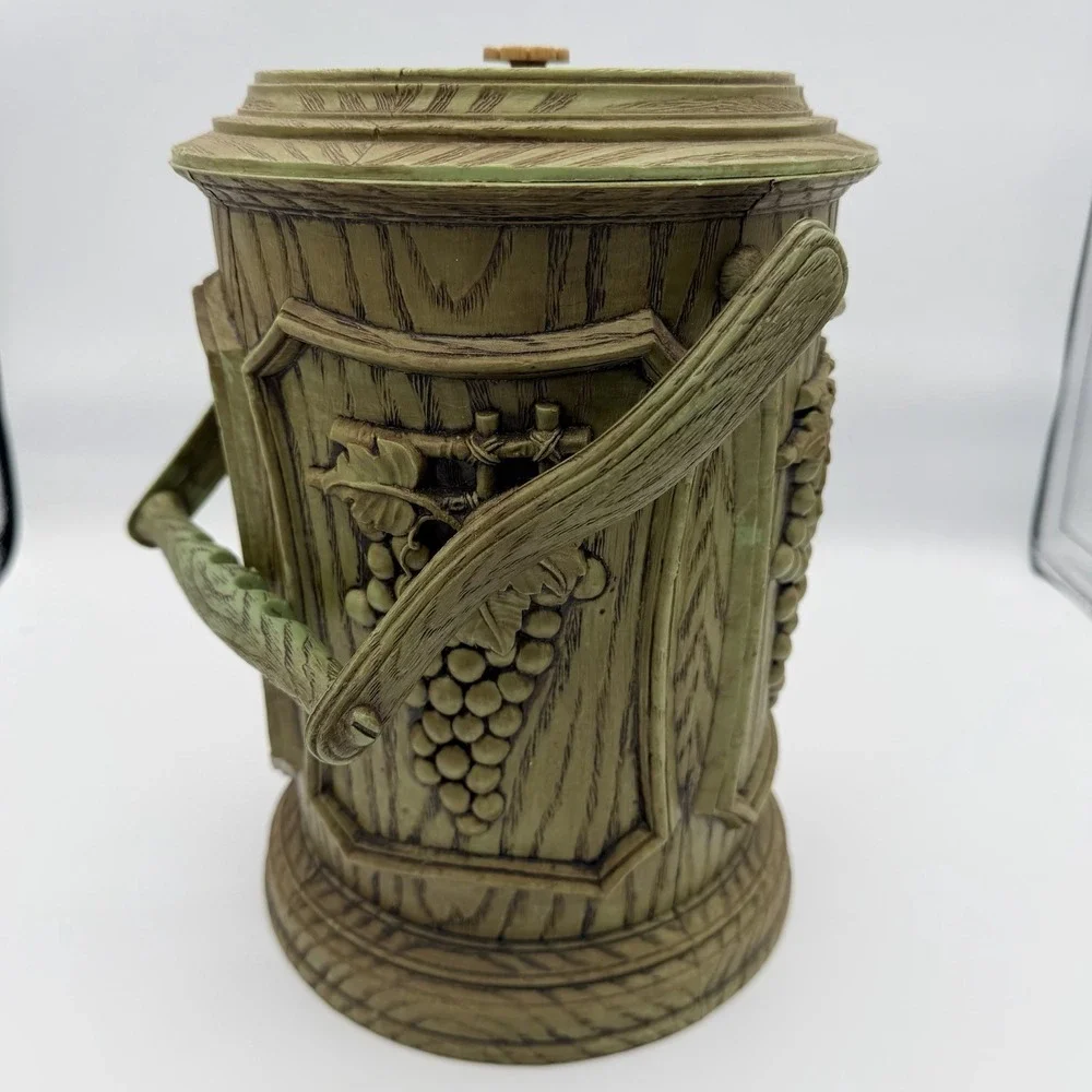 1960s Faux Woodgrain Ice Bucket Grape Cluster Motif Owen Corning Avocado Green